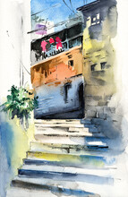 Watercolor Illustration Of An Old Town Street With A Staircase Between Colorful Old Houses, A Green Plant On The Wall On The Left And Electric Wires Above The Roofs