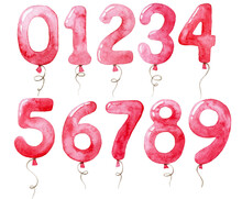 Watercolor Drawing. Set Of Balloons With Numbers. Collection Of Festive Balloons In Pink Color For The Birthday. Clipart For Girls.