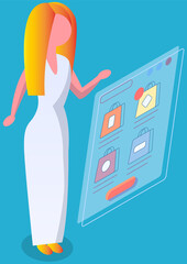 Wall Mural - woman looking at template of shopping app. application for purchasing goods in store via internet. o