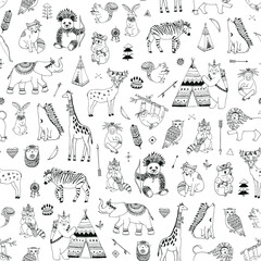 Tribal animals vector seamless pattern