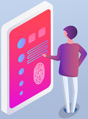 Wall Mural - man stands near smartphone with application interface on screen. person looking at information and d