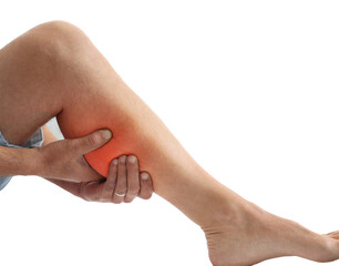 Adult man holding leg muscle pain and numbness from muscle cramps isolated on white background with copy space for text. Calf muscle pain in runner.