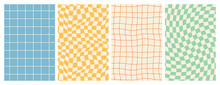 Groovy Hippie 70s Backgrounds. Checkerboard, Chessboard, Mesh, Waves Patterns. Twisted And Distorted Vector Texture In Trendy Retro Psychedelic Style. Y2k Aesthetic.