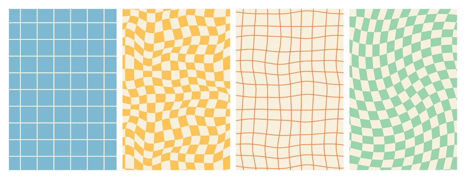 groovy hippie 70s backgrounds. checkerboard, chessboard, mesh, waves patterns. twisted and distorted