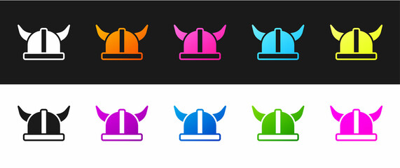 Sticker - Set Viking in horned helmet icon isolated on black and white background. Vector