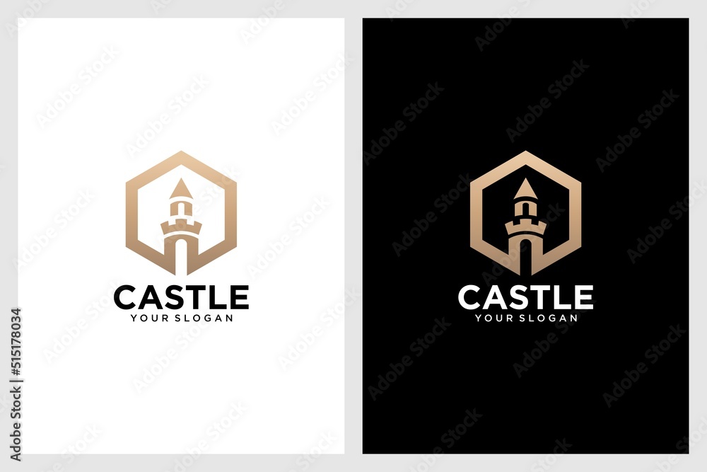 castle logo design with hexagon Stock Vector | Adobe Stock