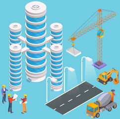 Wall Mural - smart city isometric concept. scenes of people characters working at business or industrial center, 