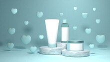 White Cosmetic Tube On The Marble Surface With Hearts Shapes, Mock-up Bottle For Branding And Label, 3D Rendering
