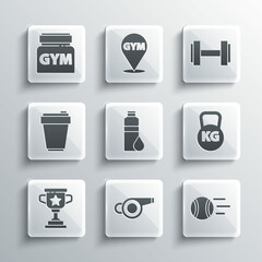 Wall Mural - Set Whistle, Tennis ball, Kettlebell, Fitness shaker, Award cup, Sports nutrition and Dumbbell icon. Vector