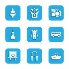 Wall Mural - Set Robot toy, Jump rope, Toy boat, Bus, Chalkboard, Dart arrow, Photo camera and Whirligig icon. Vector