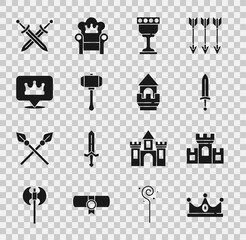 Sticker - Set King crown, Castle, fortress, Medieval sword, goblet, Hammer, Location king, Crossed medieval and tower icon. Vector