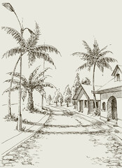 Village streets, palm trees and buildings vector sketch