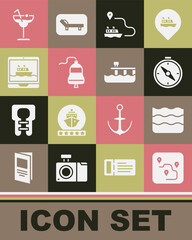 Poster - Set Route location, Wave, Compass, Ship line path, bell, Cruise ship, Cocktail and Beach pier dock icon. Vector