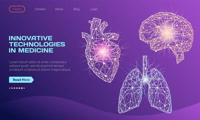 Set of polygonal human organs made of red lines and dots. Medical research of human body, innovative approach concept. Anatomy, diagnostics of body systems. Brain, lung, heart