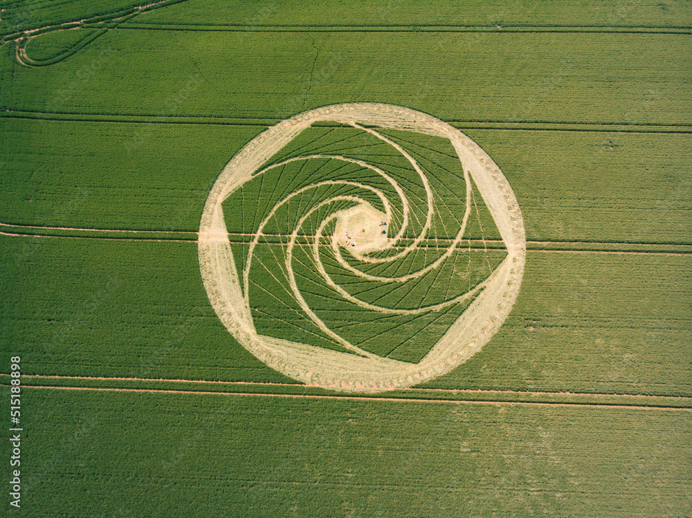 Aerial drone view of crop circle formation in corn field, Avebury, Wiltshire, UK Stock-foto | Adobe Stock
