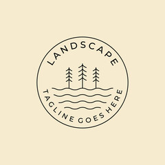 Wall Mural - landscape pine line art badge logo template design