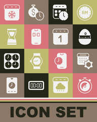 Sticker - Set Stopwatch, Calendar settings, Kitchen timer, and clock, Alarm app mobile, Old hourglass, winter and icon. Vector