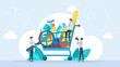 © Yurii - Examination of the quality of food products. Self-service supermarket full shopping trolley cart with fresh grocery products. Tiny people are considering a purchase. Business flat design illustration