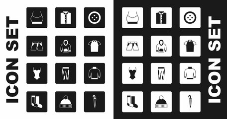 Set Sewing button for clothes, Hoodie, Short pants, Female crop top, Polo shirt, Shirt, Sweater and Swimsuit icon. Vector