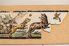 Painted Tile Showing A Hunting Scene On The Wall Of Ancient Building In Napoli 