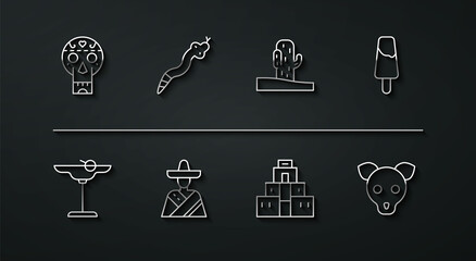 Poster - Set line Mexican skull, Margarita cocktail, Popsicle ice cream, Chichen Itza in Mayan, man sombrero, Snake, Dog and Cactus icon. Vector