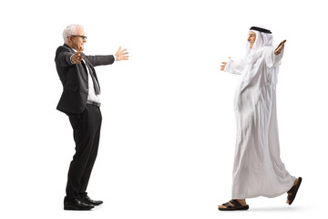 Wall Mural - Full length profile shot of a businessman meeting a muslim arab man