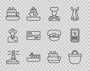 Poster - Set line Lighthouse, Beach bag, Cook, pier dock, Cruise ship, Postcard travel, and ticket icon. Vector