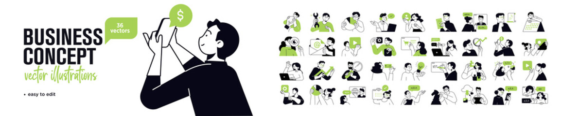 business concept illustrations. set of people vector illustrations in various activities of business