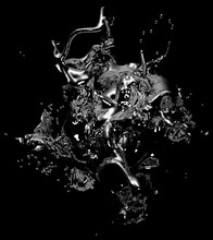 3d Render Of Monochrome Black And White Abstract Art With Surreal Water Ice Liquid Metal Alien Mystic Substance Organism In Rotation Process With A Lot Of Splashes And Drops Around On Black Background