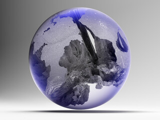 Wall Mural - 3d render with flying abstract art 3d ball sphere planet with surreal neon glowing purple galls atmosphere and rock metal or iron  surface inside on grey background 