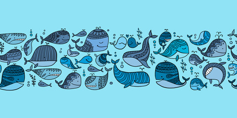 Poster - Wild whales. Childish style seamless pattern for your design