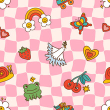 Groovy Distorted Chessboard Background With Pink Check. Seamless Pattern With Rainbow, Bird Of Peace, Snail, Frog, Butterfly And Other Elements. Retro Style 60s 70s. Vector Illustration.