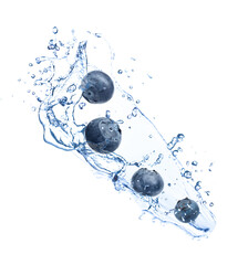 Fresh ripe blueberries and splashing water on white background