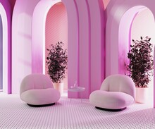 Pink Room With Neon Light And Arches With Plant In Pot, Design Chairs With Coffee Table With Glasses With Water, 3d Rendering