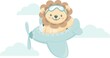 Vector children's illustration. Toy lion cub flying a plane in the sky. Cute lion. 