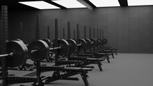 Barbell rack stands in Gym. Dark workout room steel rack for weights. 3D render.