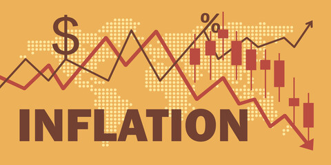 Soaring inflation and stock market risks. Rising interest rates impact global investment. Financial economy chart banner. Arrow with the candlestick indicator. Economic crisis. Vector illustration.