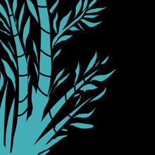 Turquoise Bamboo Silhouette On A Black Background. Background With The Image Of Bambka..