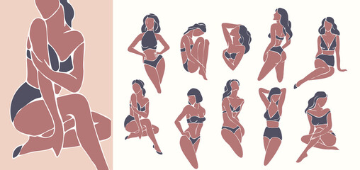 Wall Mural - feminine concept illustration. woman in minimal paper cut mosaic style. fashion illustration by femi
