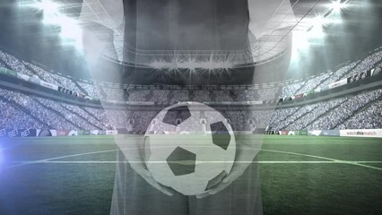 Wall Mural - animation of lights and caucasian male soccer player with ball over sport stadium