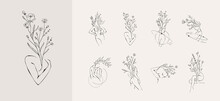 Concept Art Of Blossom Beauty. Elegant Linear Woman With Floral Branch And Wildflowers. Minimalistic Female Figure And Face. Vector Art Of Femininity And Beauty For Logo Or Wall Art. Botanical