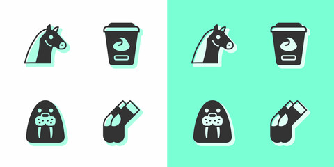 Canvas Print - Set Socks, Horse, Walrus animal and Yogurt container icon. Vector