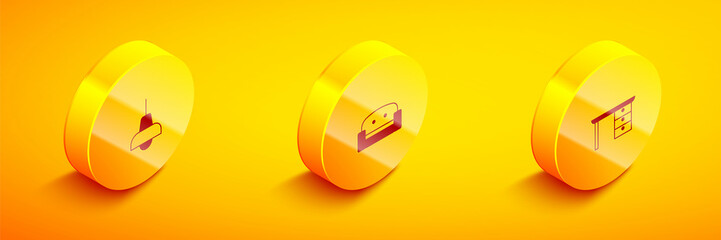 Sticker - Set Isometric Lamp hanging, Armchair and Office desk icon. Vector