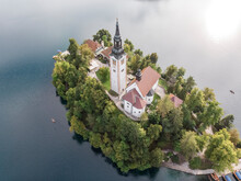 Aerial View Of Lake Bled Island In Slovenia.