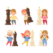 Cute Kids Playing Big Chess Pieces Set Vector Illustration