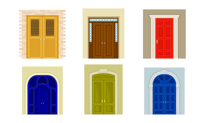 Wall Mural - Classic front doors set. Wooden house entrances, building facade element vector illustratio