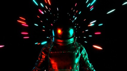 Wall Mural - Astronaut in neon rays. Cosmonaut in spacesuit.
Weightlessness. Galaxy.