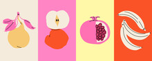 Fruit Poster Set Apple, Pear, Banana And Pomegranate. Modern Style, Pastel Colors