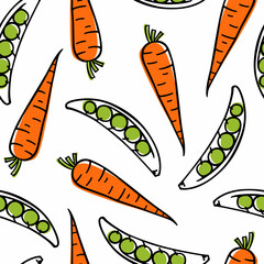 Vector seamless pattern with hand drawn green pea pods and juicy carrots made in graphic style. Ink drawing. Perfect for healthy food or farm markets prints and patterns