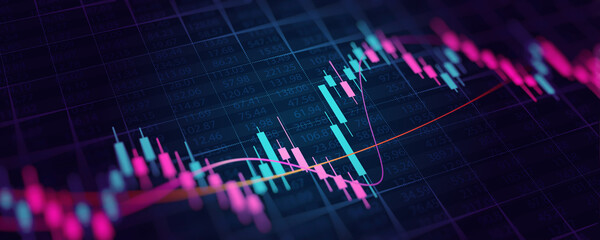 Wall Mural - Financial graph with up trend line candlestick chart in stock market on neon color Widescreen background